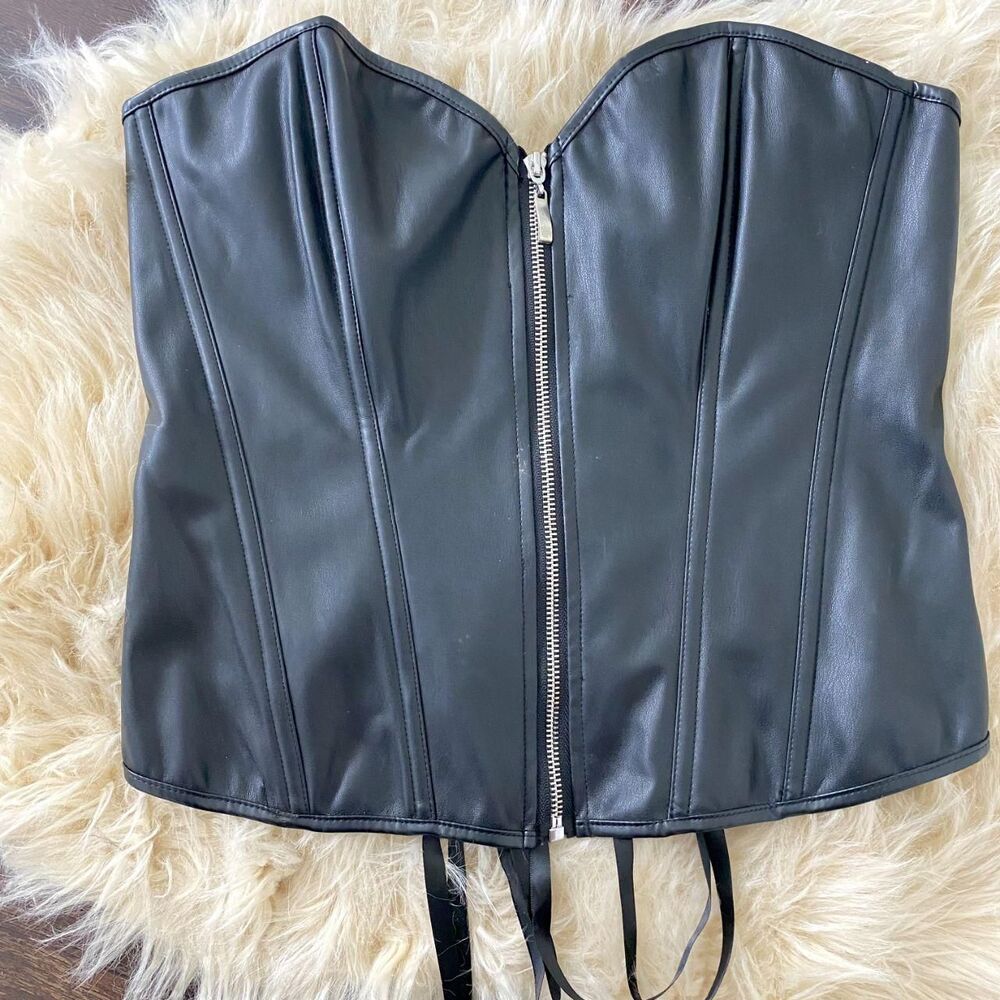 Faux Leather Black Steampunk Gothic Rock Boned Lace Up Overbust Corset S - Picture 2 of 5